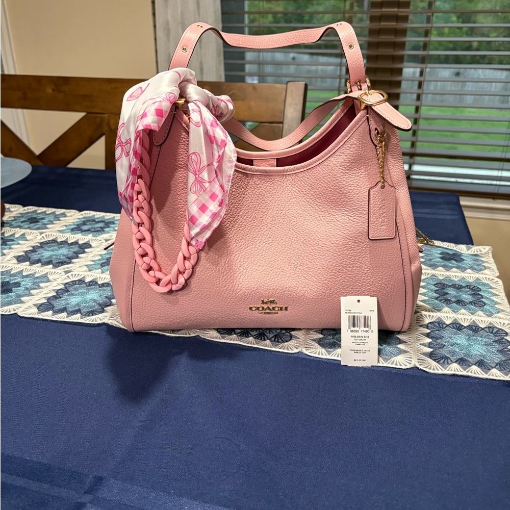 Coach Pink Pebbled Leather Shoulder Bag with Scarf Accent